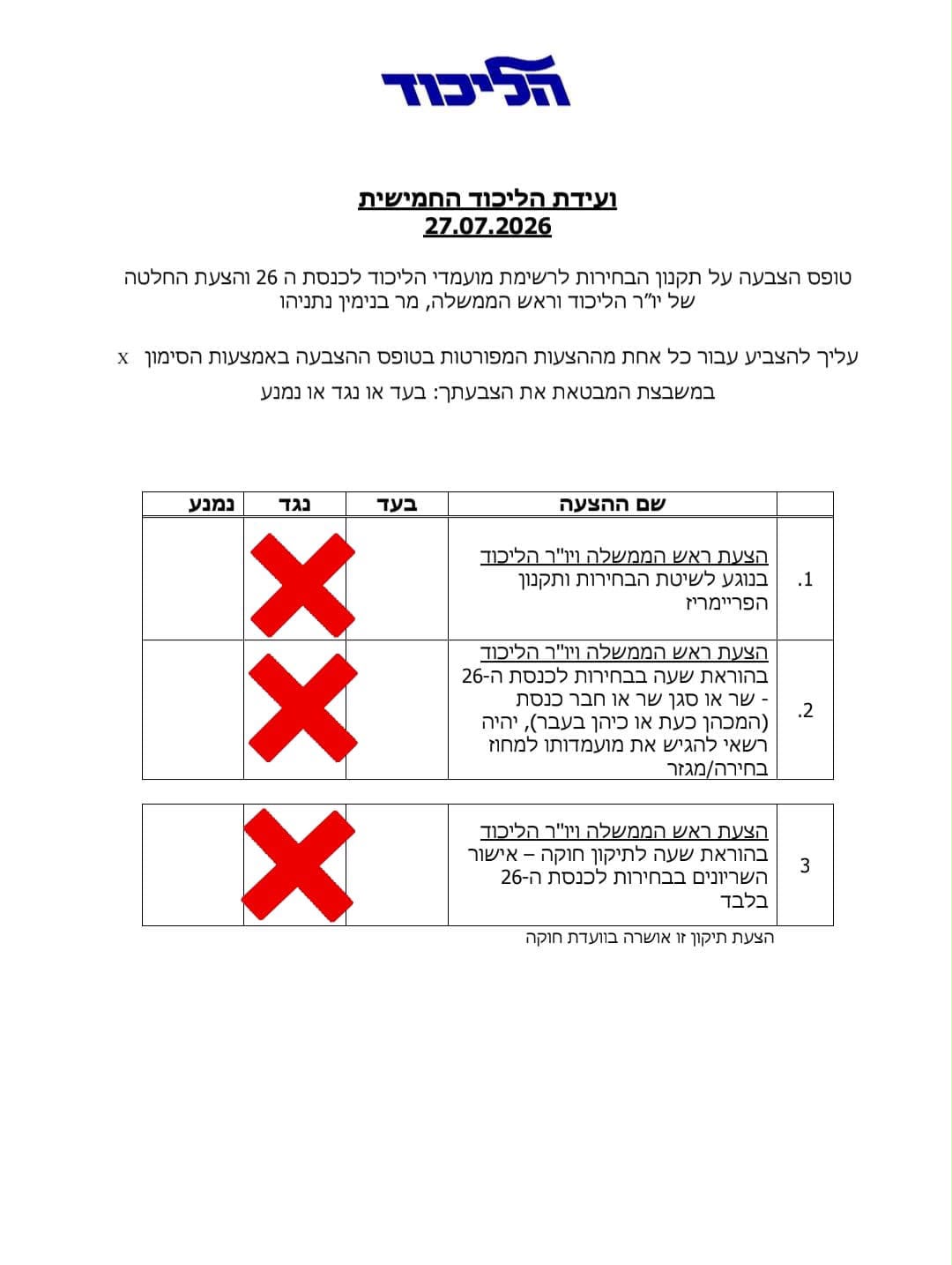 טופס ההצבעה עם שלושה איקסים אדומים בטור נגד